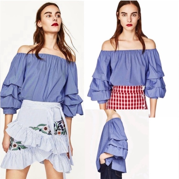 Zara off shoulder blue stipe ruffle sleeve Top (L) - Picture 1 of 8